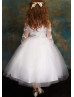 Long Sleeves Beaded Lace Tulle Tea Length Flower Girl Dress